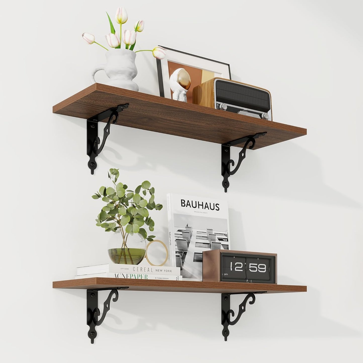 RICHFOCUS Floating Shelves for Wall Decor, 24Inch Wall Shelves Set of 2, 24W x 8D Floating Shelves Wall Mounted with Metal Brackets, Rustic Wood Shelves for Living Room Bedroom Kitchen, Walnut