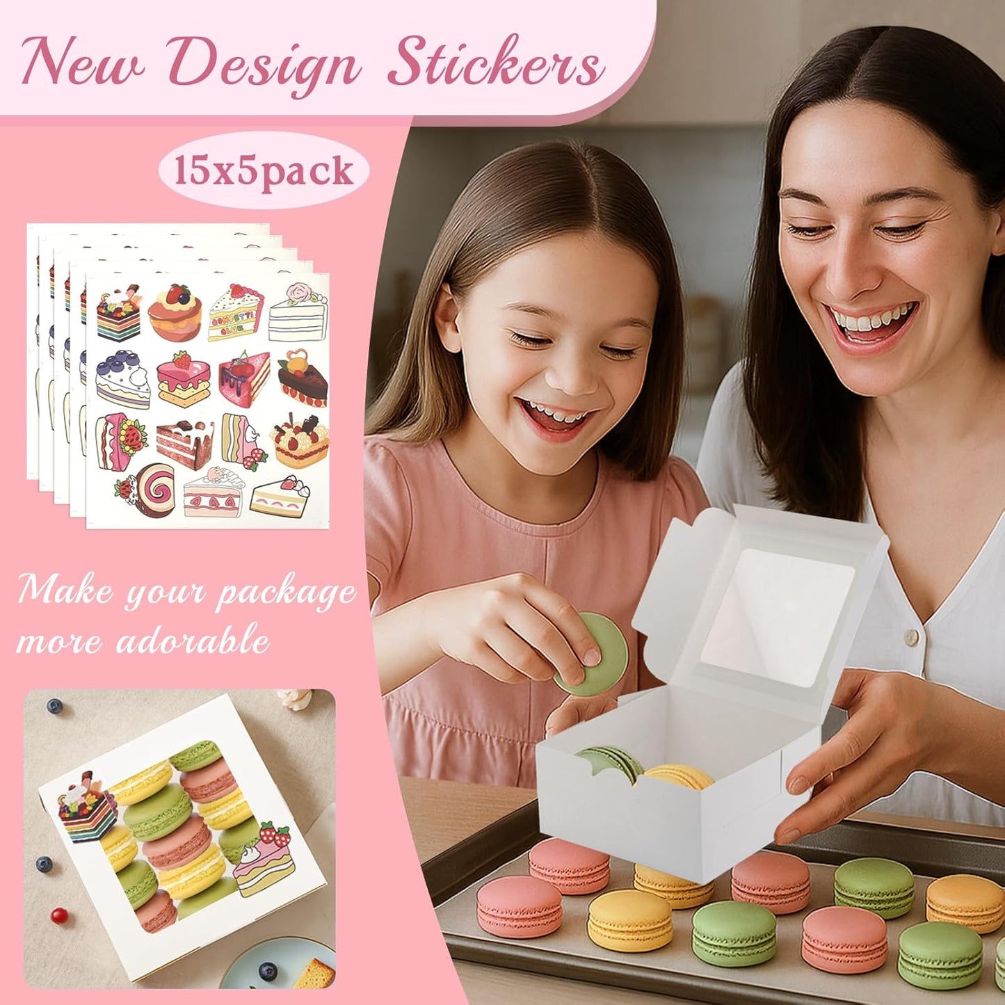 OAMCEG 50 Pack Cookie Boxes with Window 6x6x3 Inches White Cupcake Boxes, Bakery Treat Boxes with Stickers & Twine for Pastry, Desserts, Strawberries, Cupcakes, Gift Giving