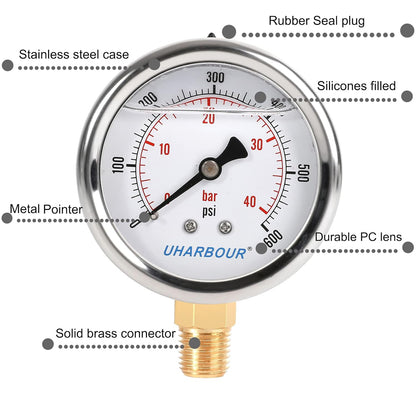 Glycerin Filled Pressure Gauge 600psi/40bar, Stainless Steel case, Brass Inside Construction, 2-1/2" dial, 1/4" NPT Rear Connection.