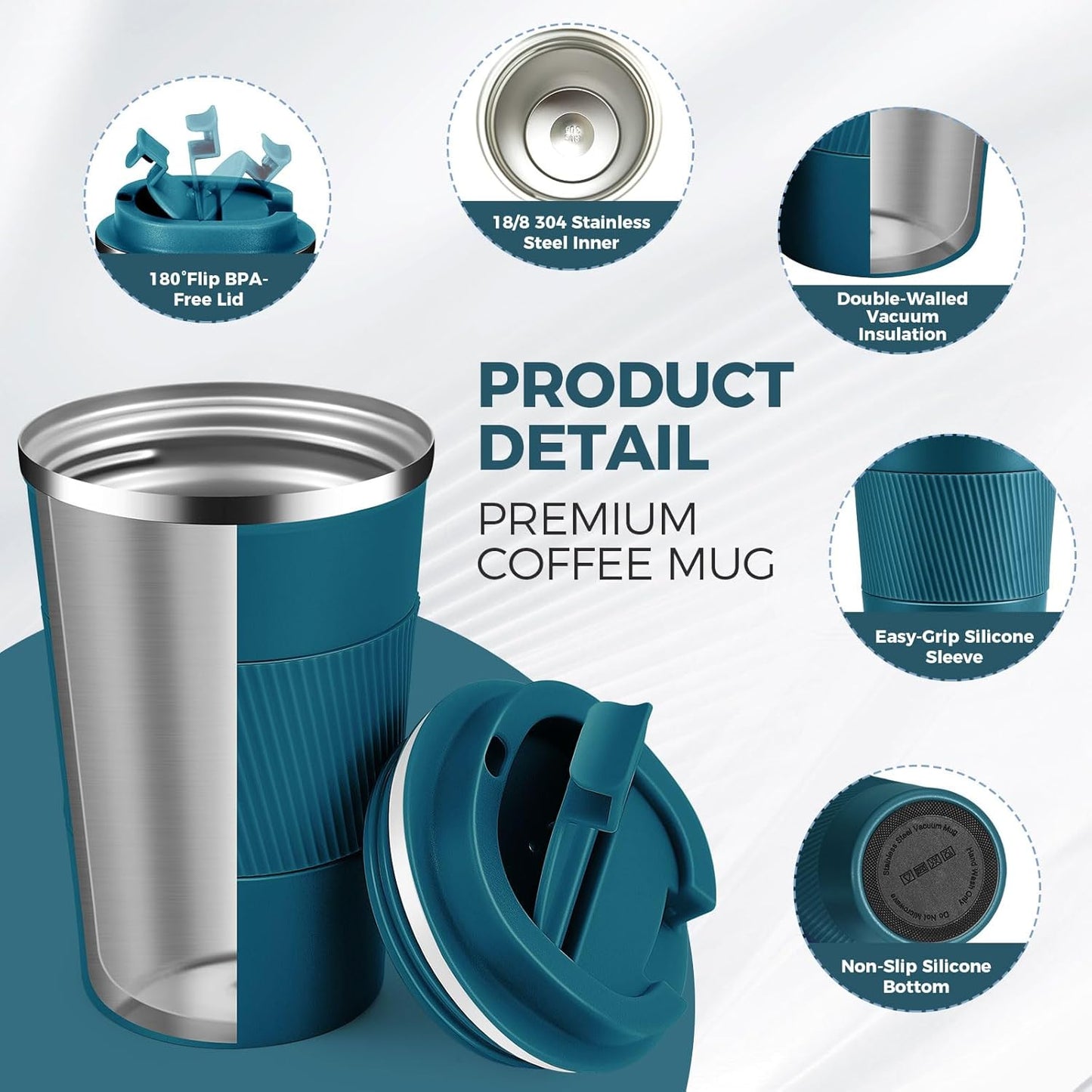Volhoply 13 oz Stainless Steel Insulated Travel Coffee Mug with Fip Lid,Reusable Double Wall Vacuum Metal Coffee Cup,Portable to Go Leak Proof Cafe Thermal Tumbler for Hot & Cold Drinks(Bule,1)