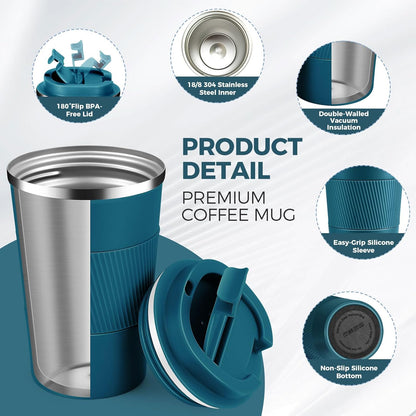 Volhoply 13 oz Stainless Steel Insulated Travel Coffee Mug with Fip Lid Bulk 2 Pack,Reusable Double Wall Vacuum Metal Coffee Cup,Portable Leak Proof Thermal Tumbler for Hot & Cold Drinks(Bule,2)