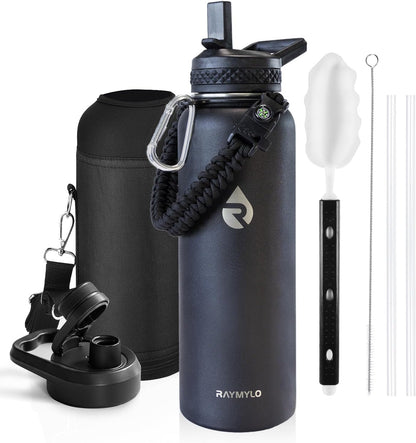 Insulated Water Bottle 40 oz, Triple Wall Vacuum Stainless Steel (Cold for 48 Hrs), Leak Proof & Non-BPA, Modern Water Flask Jug with Paracord Handle & Straw Spout Lids, Magic Black