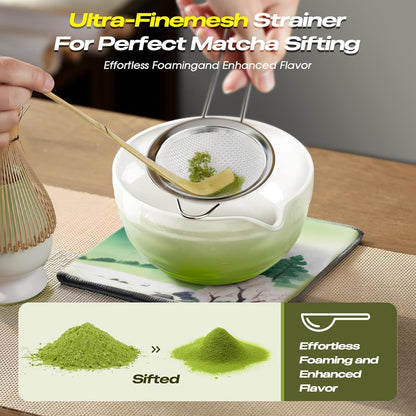 Matcha Whisk Set - 8 Pcs Tea Set with Bamboo Whisk and Holder, Ceramic Bowl, Bamboo Scoop and Spoon,Scoop Rest, Sifter & Tea Towel, Japanese Home Matcha Kit for Authentic Ceremony (Green)