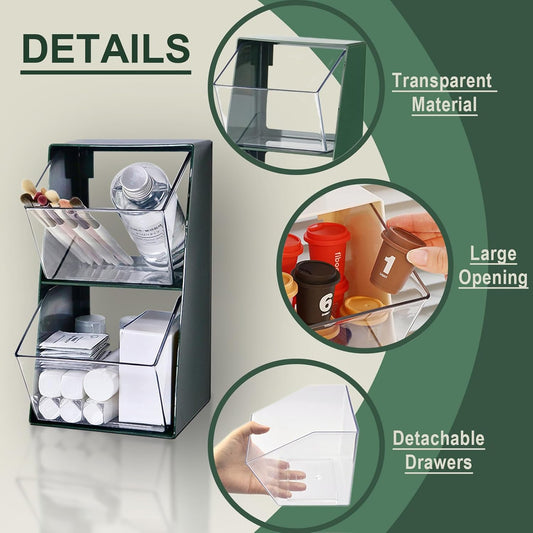 K Cup Holder, Large Capacity Tea Bag Organizer with 2 Drawers, Clear Coffee Pod Storage for Creamer, Sugar, Snack, Stationery, Cookies, Hair Tie - Green