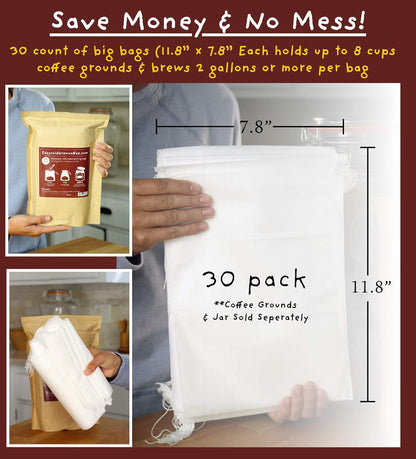 Cold Brew Coffee Filters -Single Use Filter Sock Packs, Disposable, Biodegradable Fine Mesh Brewing Bags for Concentrate, French/Cold Press Kit, Tea in Mason Jar or (30 Pack - Commercial Size)