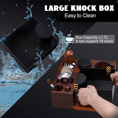 Espresso Knock Box, Walnut Tamping Station, 9 in 1 Coffee Organizer Box Fit for 51mm 54mm 58mm, Coffee Distributor & Portafilter, Espresso Accessories Kit