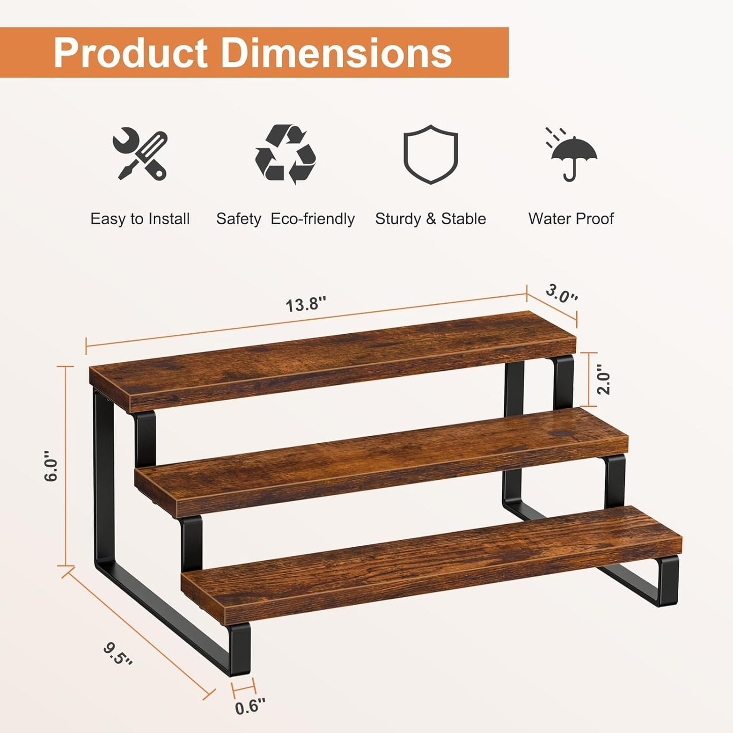 Giikin 3-Tier Spice Rack, 13.8 Inch Wood Step Shelf Countertop Spice Storage Holder, Kitchen Pantry Cabinet Organizer Cupboard for Spice Bottles, Jars, Seasonings, Baking Supplies, Metal Frame