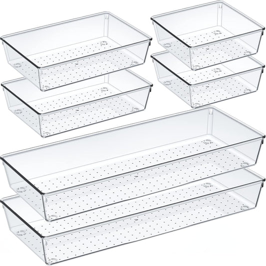 Criusia 6 Pcs Large Size Clear Drawer Organizer Set, Acrylic Non Slip Non Cracking Kitchen Drawer Storage Tray Divider, Multifunctional Storage for Cosmetics, Bathroom, Tools, Kitchen and Office