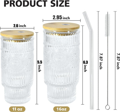 4 Pcs 11 oz Drinking Glasses Cups Set with Bamboo Lids Straws Brush Small Glassware Set for Juice Iced Coffee Cocktail Whiskey(Sunflower*4)