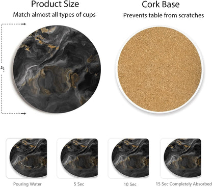 Set of 6 Abstract Black Marble Coasters with Holder, Absorbent Ceramic Coasters for Drinks, Coasters with Cork Backing for Table Protection, Housewarming Gifts for New Home