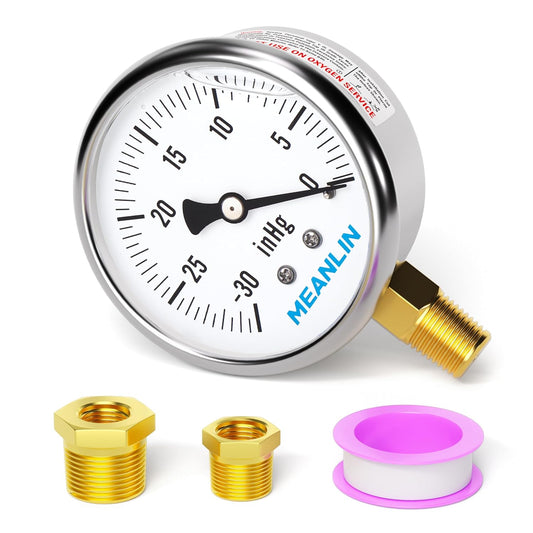 MEANLIN MEASURE -30~0Psi Stainless Steel 1/4" NPT 2.5" FACE DIAL,Vacuum Liquid Filled Pressure Gauge,Single Scale, WOG Water Oil Air Lower Mount, with 1/4" x 1/2" NPT and 1/4" x 3/8" NPT Hex Bushing