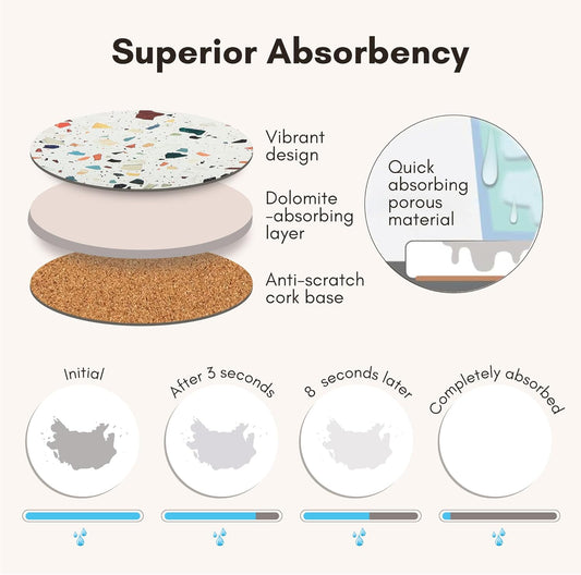 Terrazzo Drink Absorbent Coasters with Holder Set of 6, Ceramic Coaster for Drinks, Coffee Table Decor, Water Absorbing Stone Coaster for Drinks (Mosaic)