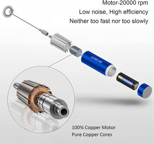 Milk Frother Handheld, Battery Operated Coffee Foamer Drink Mixer with 2 Stainless Steel Electric Whisks for Coffee, Latte, Cappuccino, Hot Chocolate, Protein，Egg Batteries Included,Blue