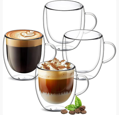 Set of 4 Double Walled Glass Coffee Mugs 3 Ounces Insulated Layer Coffee Cups with Handle Borosilicate Glass Espresso Cup for Hot Beverage,Cappuccino,Tea,Latte,Wine,Microwave Safe