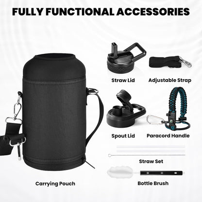 Insulated Water Bottle 64 oz, Triple Wall Vacuum Stainless Steel (Cold for 48 Hrs), Leak Proof & Non-BPA, Half Gallon Water Flask Jug with Paracord Handle & Straw Spout Lids