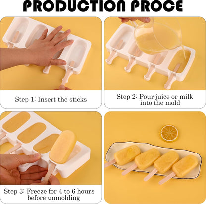 Sakolla Small Popsicle Silicone Molds, 4 Cavities Homemade Ice Cream Molds with 100 Wooden Sticks for Ice Pop, Cakesicles, Cake Pop (Set of 3, White)