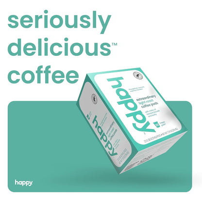 happy coffee light roast coffee pods, 22 count, notes of toasted biscotti and levity, compatible with most K-cup brewers, rainforest alliance certified