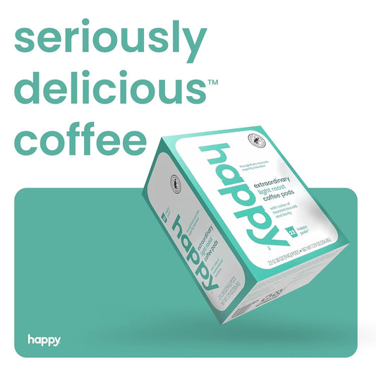 happy coffee light roast coffee pods, 22 count, notes of toasted biscotti and levity, compatible with most K-cup brewers, rainforest alliance certified
