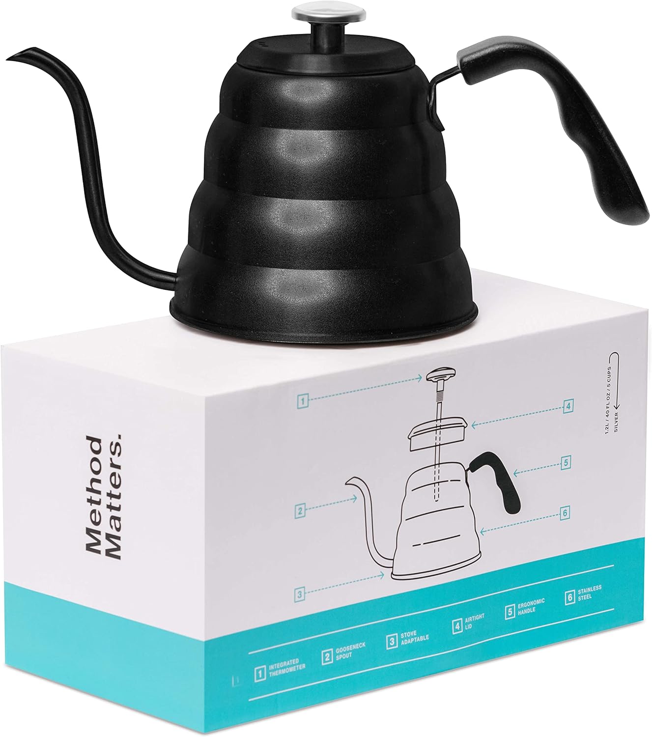 Barista Warrior Gooseneck Kettle for Pour Over Coffee and Tea with Thermometer for Exact Temperature, Precision Pour Drip Spout, Compatible with all Stove Tops (Matte Black, 1.2 Liter, 40 fl oz)