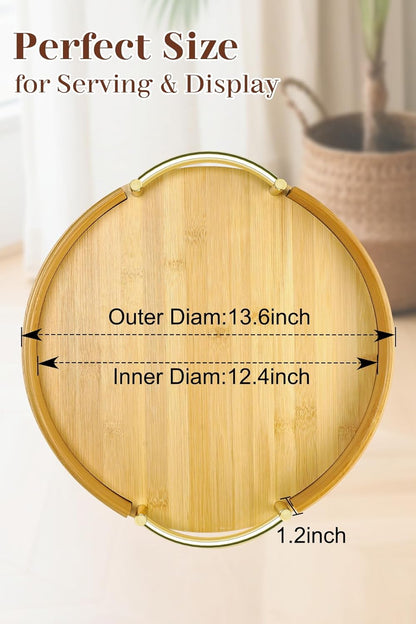 JUPELI 14″ Round Bamboo Serving Tray with Handles – Decorative Tray, Breakfast Tray, Coffee Table Tray, Ottoman Tray, Kitchen Platter for Drinks, Snacks, Vanity, Home Decor & Gifts