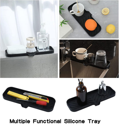 Silicone Bathroom Soap Dishes with Drain Spout-Bathroom and Kitchen Sink Organizer,Sponge Holder,Dish Soap Tray,Perfect for Dispenser,Scrubber,Bottle,Cup on Sink or Counter-Black 12"×4"