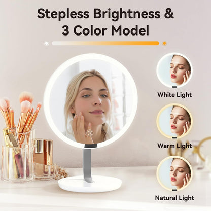 9.65-inch Lighting Makeup Mirror, 1x / 10x,Touch Control,3-Color Adjustable,Metal Stand,up and Down Adjustable Makeup Mirror, High Color Rendering, Eye-Protecting Light Source,Silver