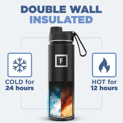 IRON °FLASK Camping & Hiking Hydration Flask with 3 Lids - Stainless Steel, Double Walled & Vacuum Insulated Water Bottle - Leak Proof & BPA Free (Black Marquina, Spout - 22 oz)
