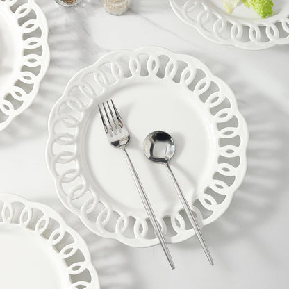 4 Pack 10" Dinner Serving Plates with Lace Rim, New Bone Porcelain Round Tableware Plates with Unique Hollow Out Design Scolloped Edge, White Dishes for Daily Use or as an Excellent Plate Idea