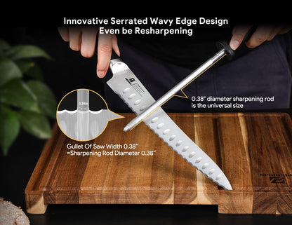 Resharpenable Bread Knife, 8 Inch Multifunction Serrated Knife, German HC Stainless Steel Bread Cutting Knife with Innovative Wavy Edge for Efficient Slicing, Razor Sharp for Homemade Bread