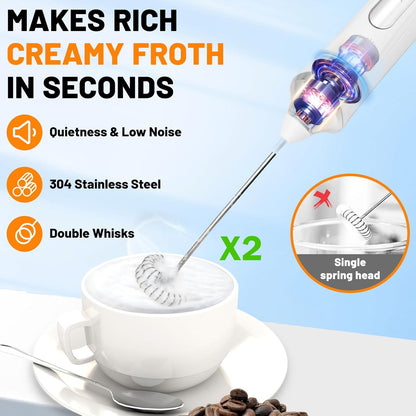 TonJin Milk Frother USB C Rechargeable New Upgraded Handheld Frother Wand with 2 304 Stainless Whisks 1 Stand, 3 Speeds Electric Coffee Whisk Frother for Lattes, Cappuccino, Egg, Matcha, White