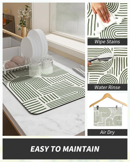 AMOAMI Coffee Mat Hide Stain Rubber Backed Absorbent Dish Drying Mat for Kitchen Counter - Fits Under Coffee Maker & Dish Rack - Green Line 12x19