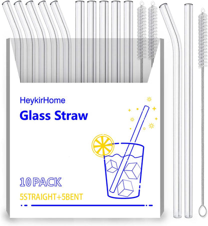 10-Pack Reusable Glass Straw,Size 8.5''x10 MM,Including 5 Straight and 5 Bent with 2 Cleaning Brush- Perfect For Smoothies, Tea, Juice
