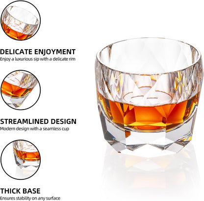KAMMAK Crystal Whiskey Glasses Set of 2, 7.1oz Old Fashioned Glasses Stemless, Hand Blown White Cocktail Glasses, Luxury Handcrafted Cut Ice Ball Cup for Women, Perfect Men Gift for Bourbon