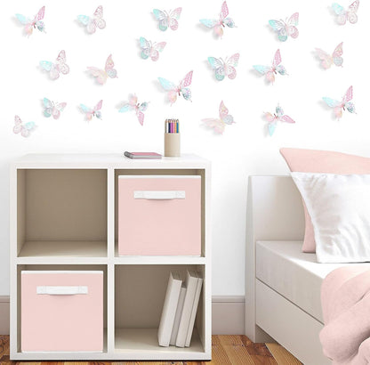 SAOROPEB 3D Wall Decor - 48 Pcs, 4 Styles, 3 Sizes - Laser Pink Butterfly Decorations for Birthday Parties, Removable Stickers