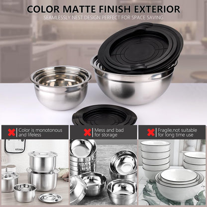 Mixing Bowls with Lids set - 25 PCS Stainless Steel Nesting Black Mixing Bowls Set for Baking, Mixing, Serving & Prepping, Size 5, 3.7, 2.8, 2.3, 1.7, 1.1, 0.7QT, 11 Cooking Utensils