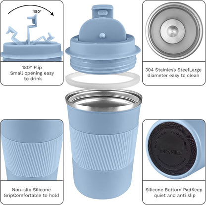 YINBAOGE Insulated Travel Coffee Mug Spill Proof Leak Proof Pobtable To Go Camping Stainless Steel Coffee Tumbler Reusable Coffee Cups with Lids Thermos for Hot and Cold Drink (Light blue, 12 OZ)