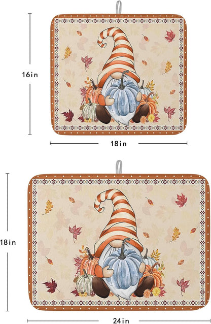 Fall Dish Drying Mat for Kitchen Counter Pumpkin Gnome Drying Pad Absorbent Drying Mats for Countertops Sinks Draining Racks Autumn Maple Leaves Drainer Holiday Harvest Thanksgiving Decorations 18x24