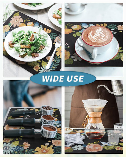 AMOAMI Coffee Mat Hide Stain Rubber Backed Absorbent Dish Drying Mat for Kitchen Counter - Fits Under Coffee Maker or Machine - Floral BLACK 17x31.5