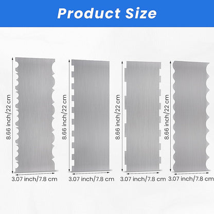 4 Pieces Stainless Steel Cake Scraper 10 Inch and Sided Patterned Edge Stripe Edge Smoother Scraper Cake Decorating Comb Cake Pastry Cutter for Mousse Butter Cream Cake Decoration