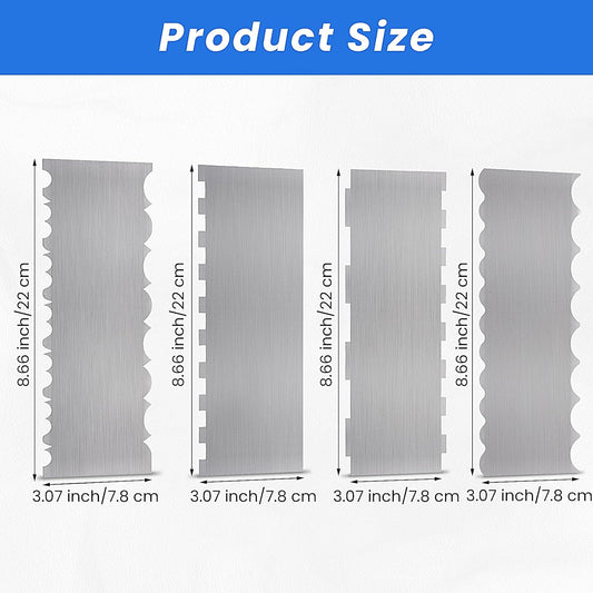 4 Pieces Stainless Steel Cake Scraper 10 Inch and Sided Patterned Edge Stripe Edge Smoother Scraper Cake Decorating Comb Cake Pastry Cutter for Mousse Butter Cream Cake Decoration