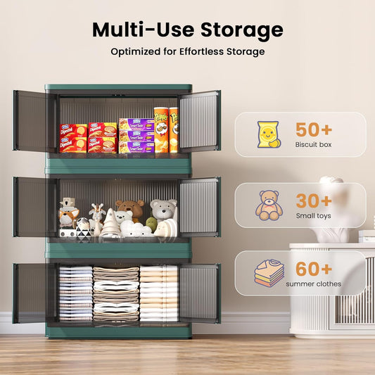 19Gal Collapsible Storage Bins with Lids & Wheels - 1 Pack Stackable with Doors, Heavy-Duty Plastic Containers for Home/Office, Green