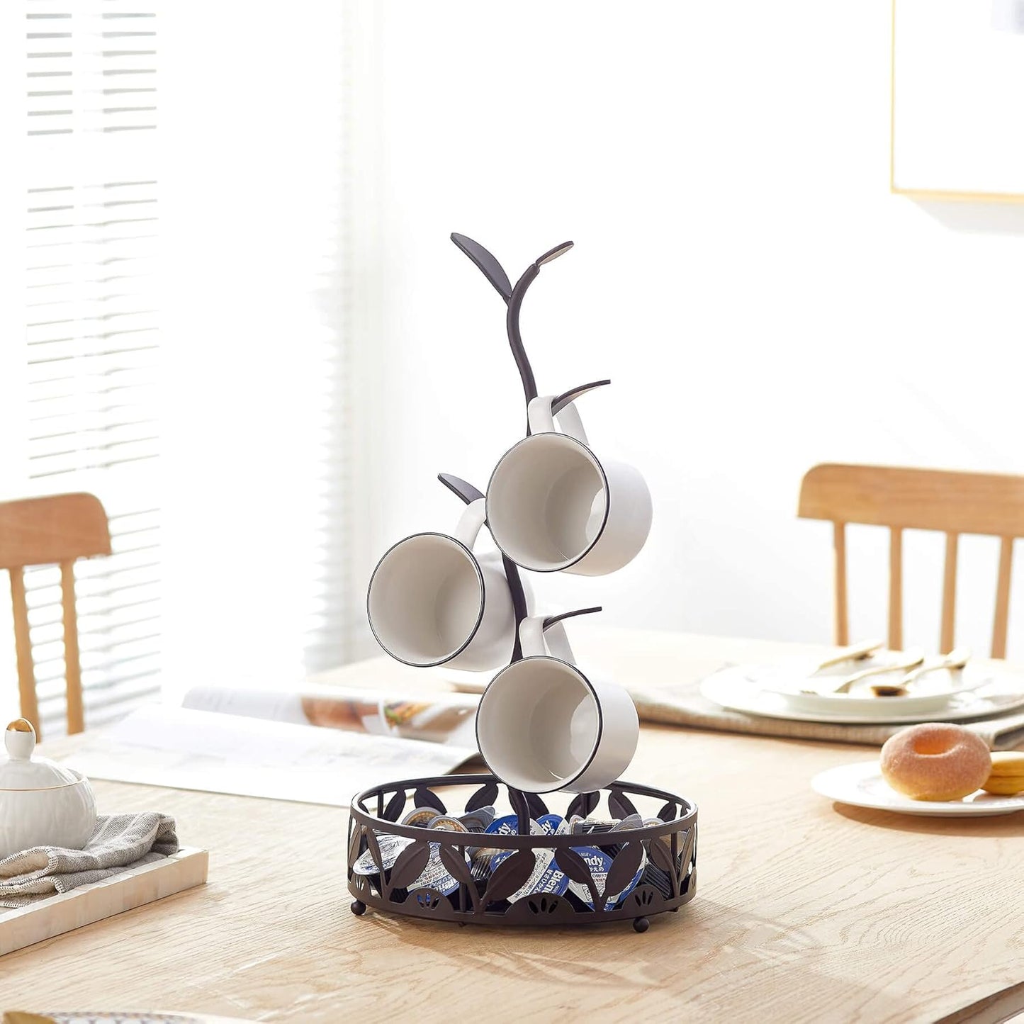Mug Holder Stand, Countertop Mug Tree, Coffee Pod Holder with Mug Rack, Coffee Counter Bar Accessory & Kitchen Organizer