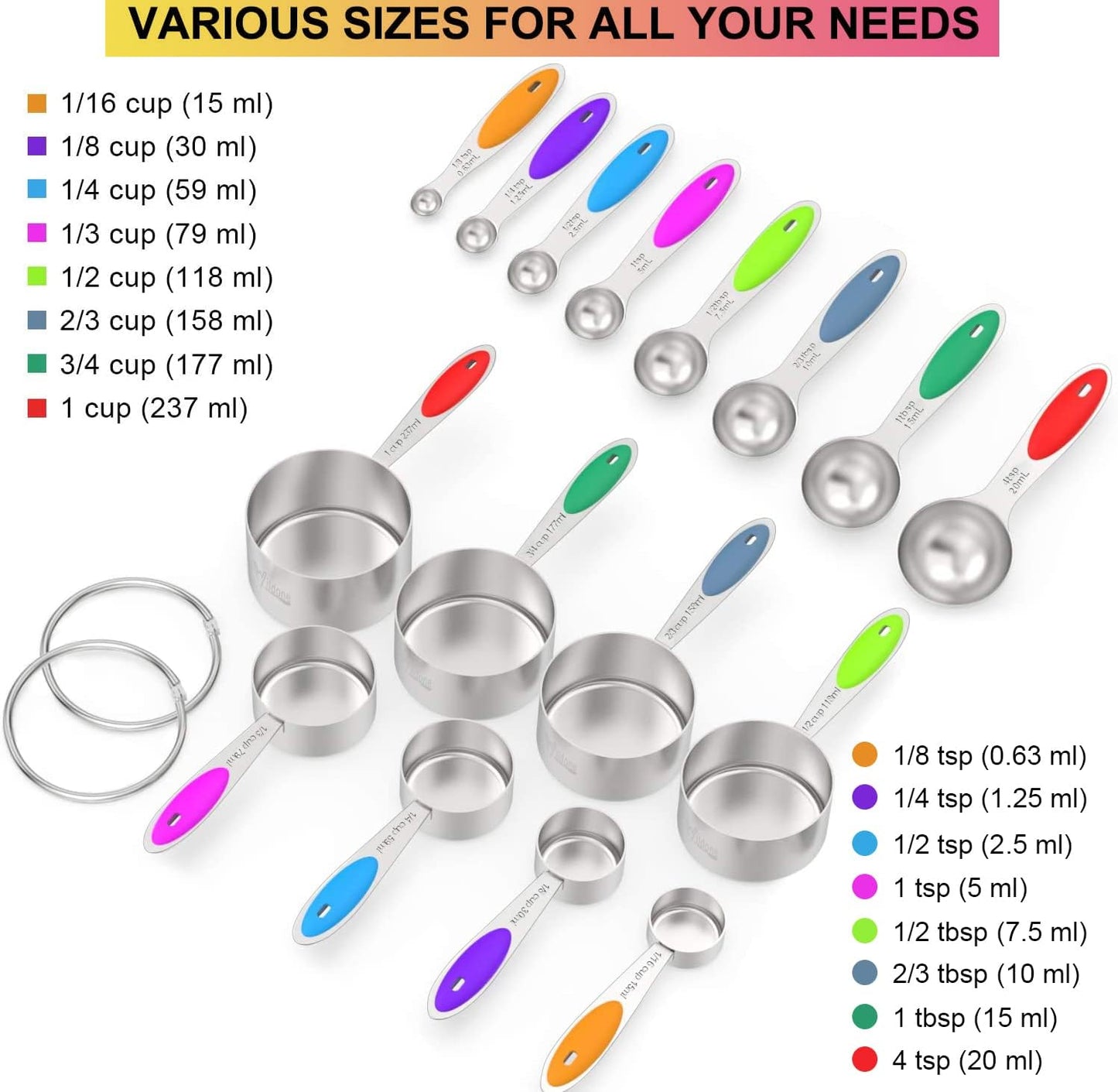 Measuring Cups & Spoons Set of 16, Wildone Premium Stainless Steel Measuring Cups and Measuring Spoons with Colored Silicone Handle, Including 8 Nesting Cups, 8 Spoons, for Dry and Liquid Ingredient