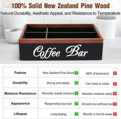 Wooden Coffee Organizer Holder with Divided Sections & Cutout Handle, Farmhouse Coffee Bar Organizer for Pods, Cups, Lids, Syrups, Stirrers & Accessories – Ideal Gift for Home or Office
