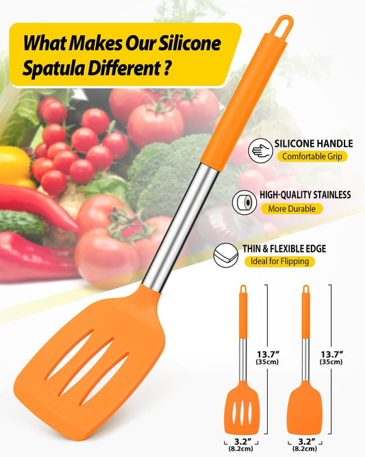 Pack of 2 Silicone Solid Turner, Non Stick Slotted Kitchen Spatulas, High Heat Resistant BPA Free Cooking Utensils, Ideal Cookware for Fish, Eggs, Pancakes (ORANGE)