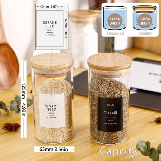 12 Pcs Glass Spice Jars With 296 Spice Labels Preprinted of White and Black Color- 10oz Thicken(2.4mm) Spice Containers With Bamboo Airtight Lids - Empty Small Herb Seasoning Jars