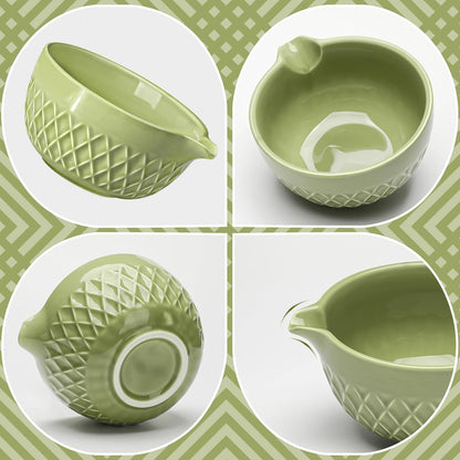 Matcha Whisk Set, 7 Pcs Matcha Kit, Ceramic Matcha Set Includes Matcha Bowl with Spout, Matcha Whisk and Holder, Bamboo Scoop, Scoop Rest, Sifter and Tea Towel (Matcha Green)