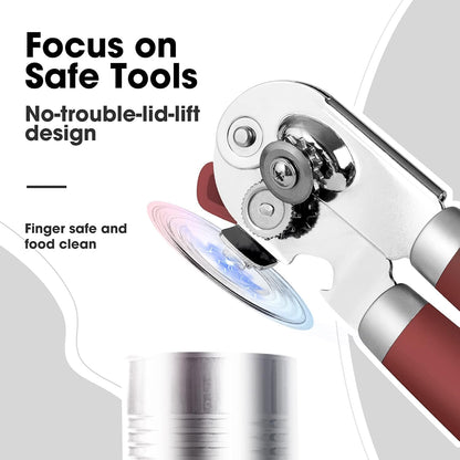 Beneno Can Opener Manual with Magnet, Hand Held Heavy Duty Can Opener with Durable Sharp Blade Smooth Edge, Big Effort-Saving Knob, Soft Grip Rubber Handle, Multifunctional Bottle Opener, Red