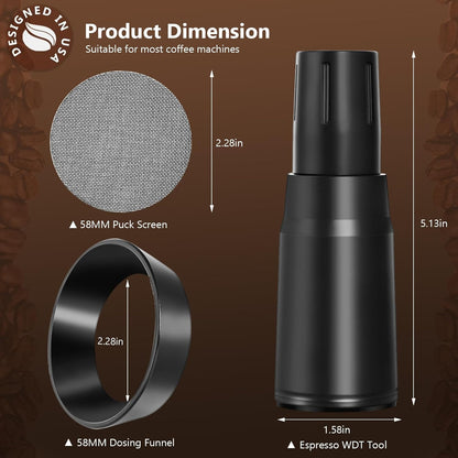 WDT Tool Espresso Distributor Accessory kit &1.7mm Thickness 150μm Mesh Puck Screen & 8 Magnets dosing ring Compatible with Portafilter (WDT +58MM Black dosing ring&puck screen)