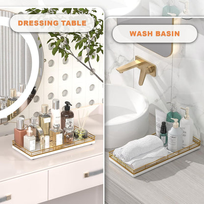 Bathroom Toilet Tank Tray, 13" Wood Toilet Paper Storage Basket Tray Back of Toilet Basket Organizer,Vanity Tray for Perfume Makeup Candle Decor, Gold & White